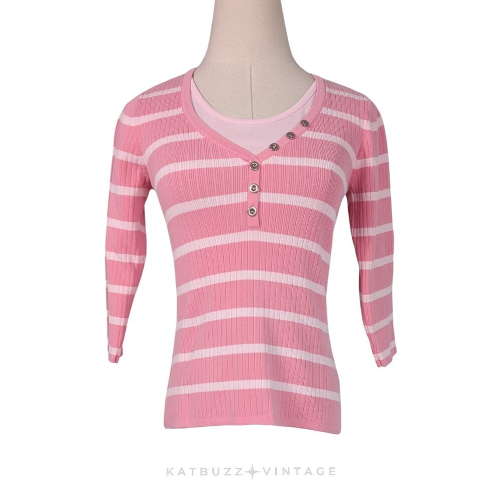 Vinttage Sweater Top PS Pink Y2K Stripe Henley Willow Buffy Legally Blone Henley